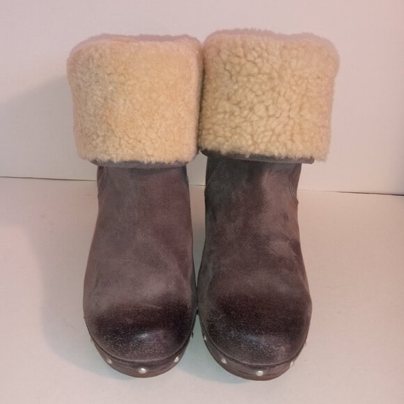 UGG Lynnea Wm 7US/38EU Gray Suede Shearling Ankle Boots Wooden Clog Soles - Picture 6 of 12